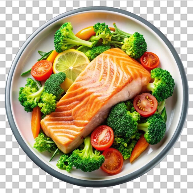 PSD a plate of steamed salmon with broccoli and vegetables on transparent background