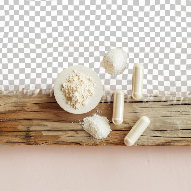 PSD a plate of sugar and salt on a wooden table with a white background