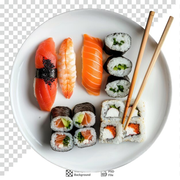 A plate of sushi with chopsticks transparent background