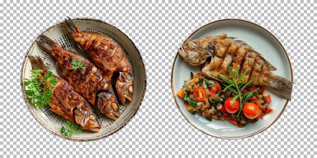 PSD plate of tasty fried fish isolated on a transparent background top view cut out png