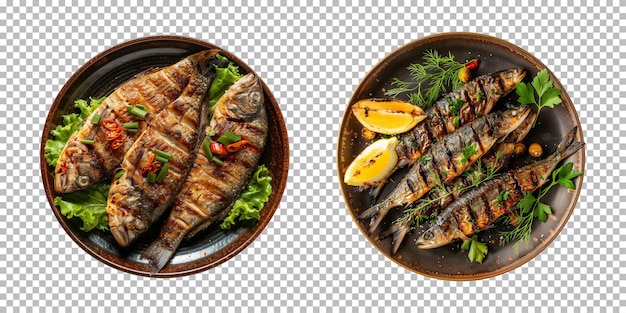 PSD plate of tasty grilled fish isolated on a transparent background top view cut out png