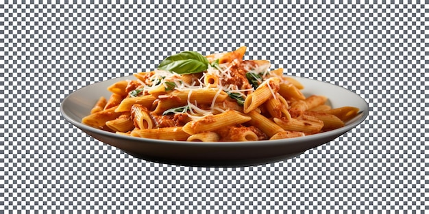 A plate of tasty penne pasta isolated on transparent background