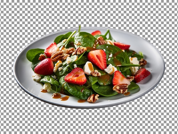 Plate of tasty spinach salad with nuts and strawberry slice isolated on transparent background