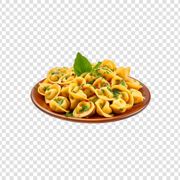 A plate of tortellini pasta on a transparent background