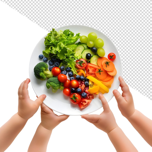 PSD a plate of vegetables with a person holding a plate with the words fruit on it