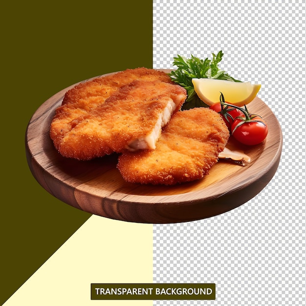 A plate of wienerschnitzel with a lemon and tomato on it