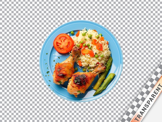 PSD a plate with chicken drumsticks with rice and vegetables