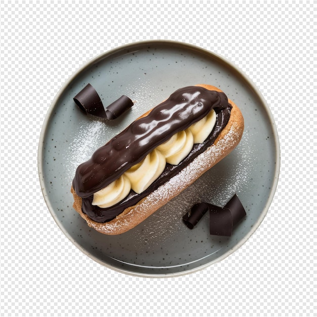 PSD a plate with a chocolate covered pastry and a piece of chocolate