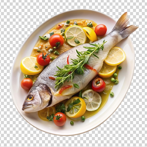 A plate with a fish and vegetables on transparent background