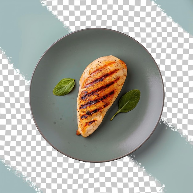 PSD a plate with a grilled chicken and leaves on it