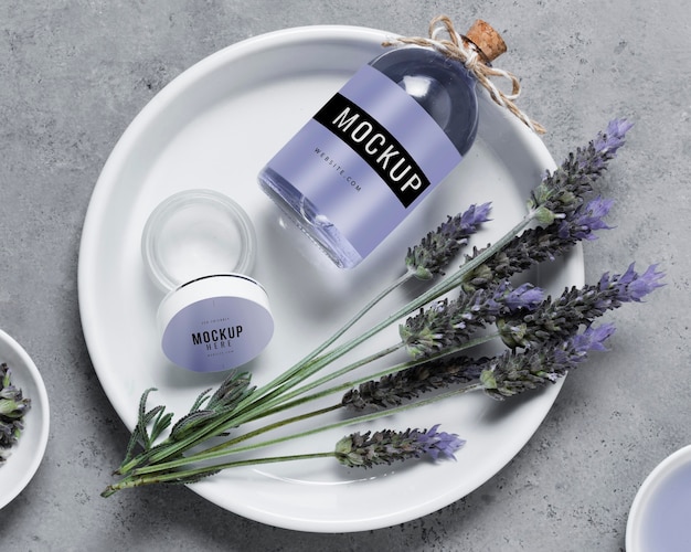 Plate with lavender water bottle