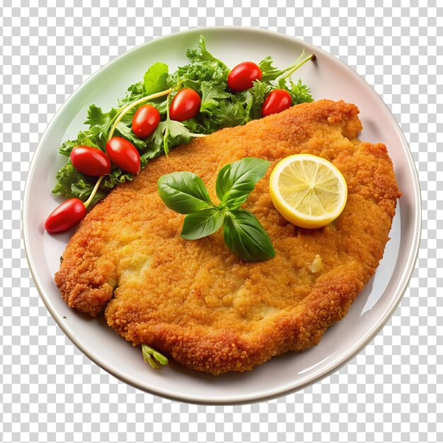 A plate with a piece of breaded meat tomatoes basil and lemon wedges on transparent background