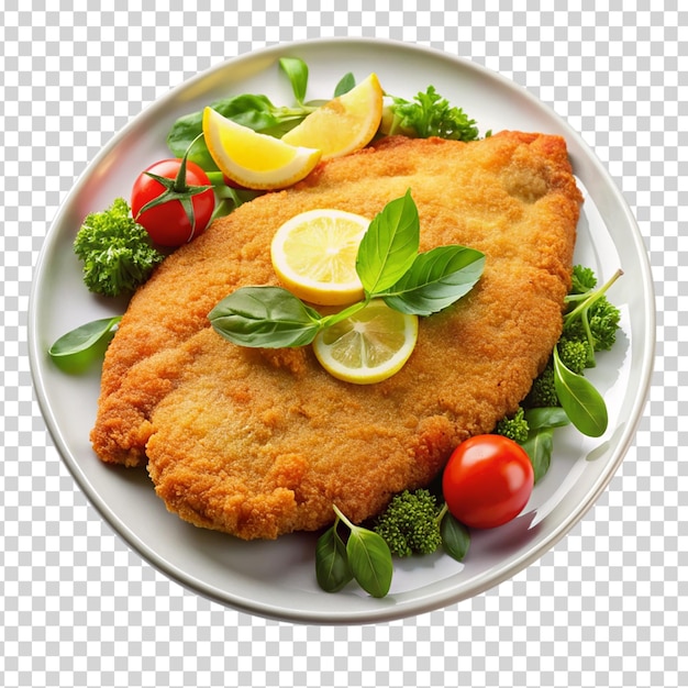 A plate with a piece of breaded meat tomatoes basil and lemon wedges on transparent background