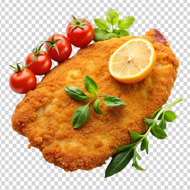 A plate with a piece of breaded meat tomatoes basil and lemon wedges on transparent background