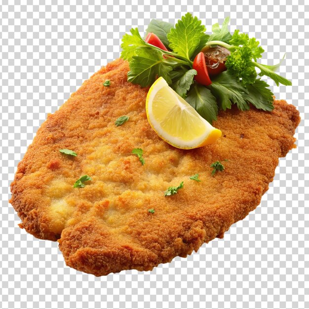 A plate with a piece of breaded meat tomatoes basil and lemon wedges on transparent background