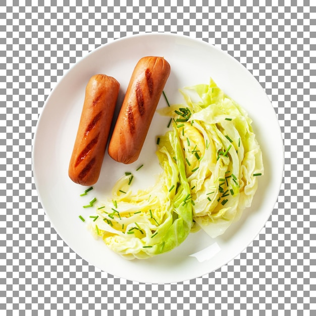 Plate with two sausages and a salad on transparent background