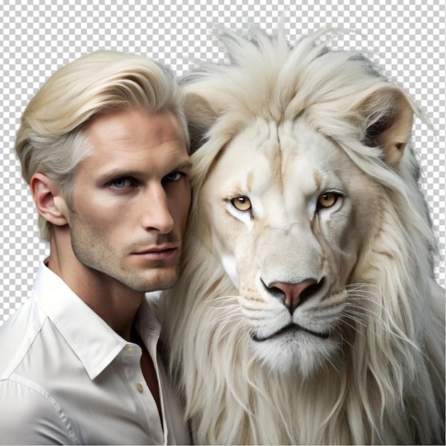 PSD platinum blonde man with a white lion sol transparent background