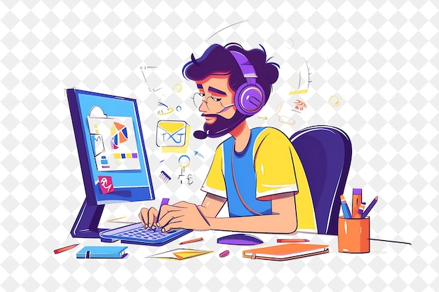 PSD playful animator with characters drawing and animating carto png people in daily work illustration