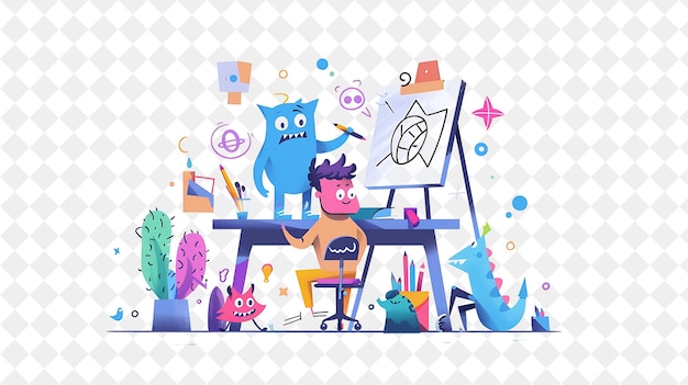 PSD playful animator with characters drawing and animating carto png people in daily work illustration