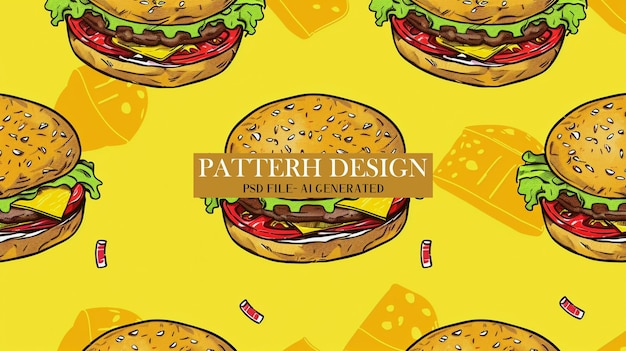 PSD playful burger and heart pattern design on a bright yellow background