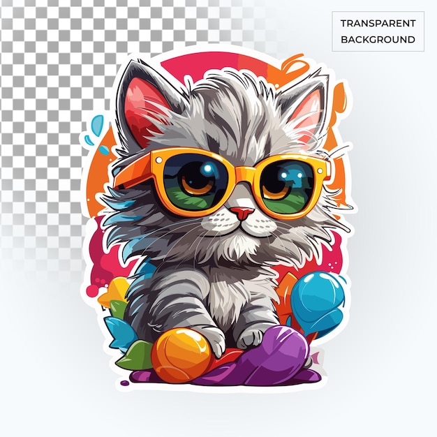 playful cute cat wearing sunglasses free PSD high resolution kids sticker illustration