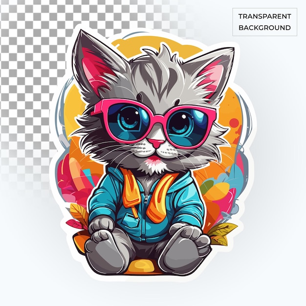 playful cute cat wearing sunglasses free PSD high resolution kids sticker illustration