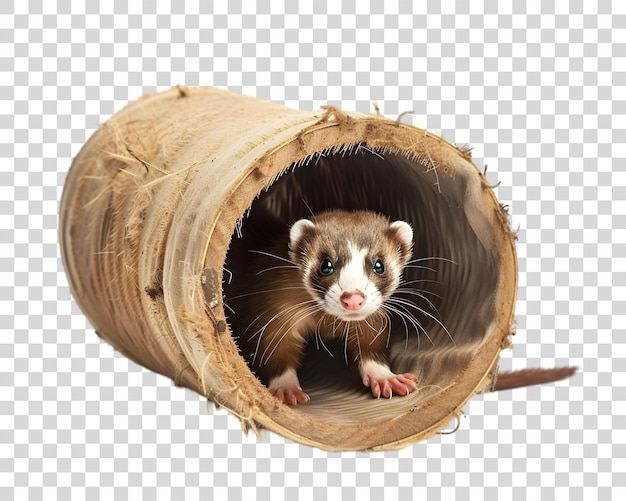 Playful Ferret running through a tube on transparent background