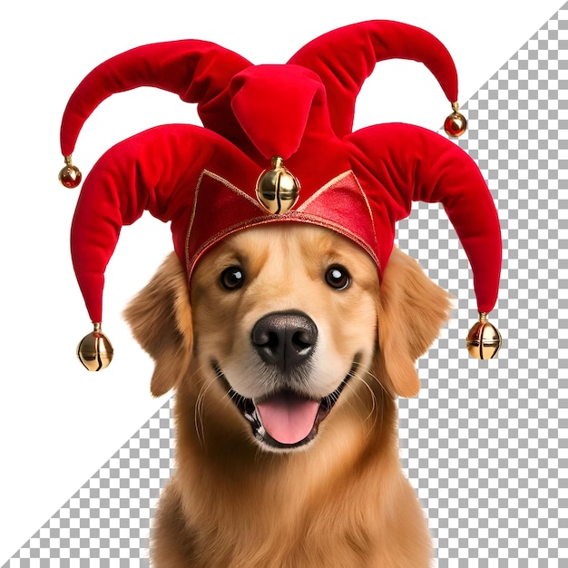 Playful Golden Retriever with Red Jester Hat on White Background Cutout Image