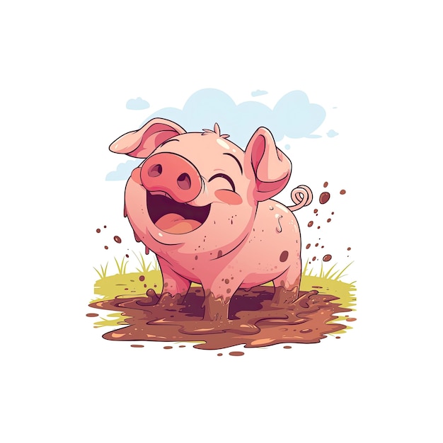 PSD playful pig cartoon its curly tail wagging cartoon illustration