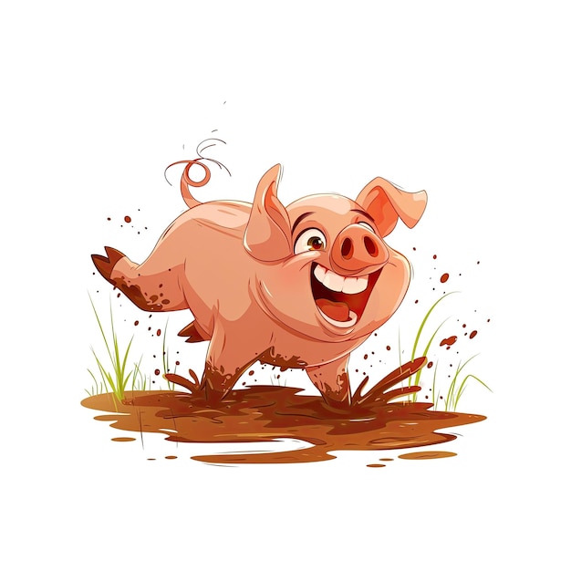 Playful Pig Cartoon Its Curly Tail Wagging Cartoon Illustration