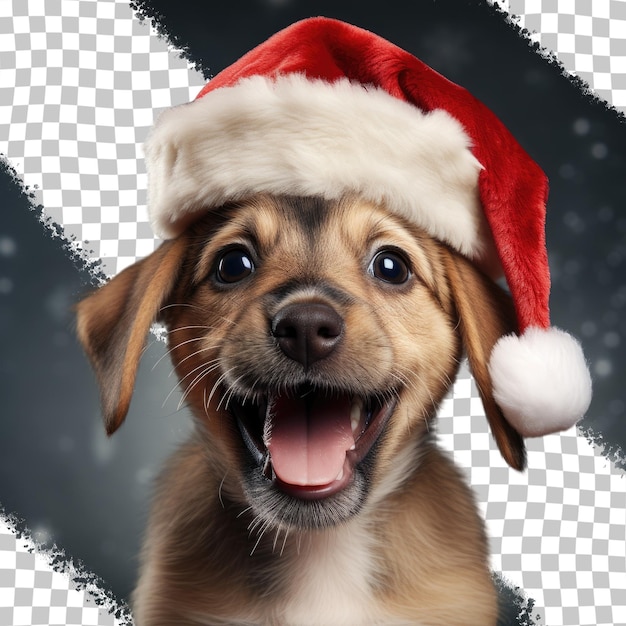 A playful puppy with Santa hat and sticking tongue out transparent background