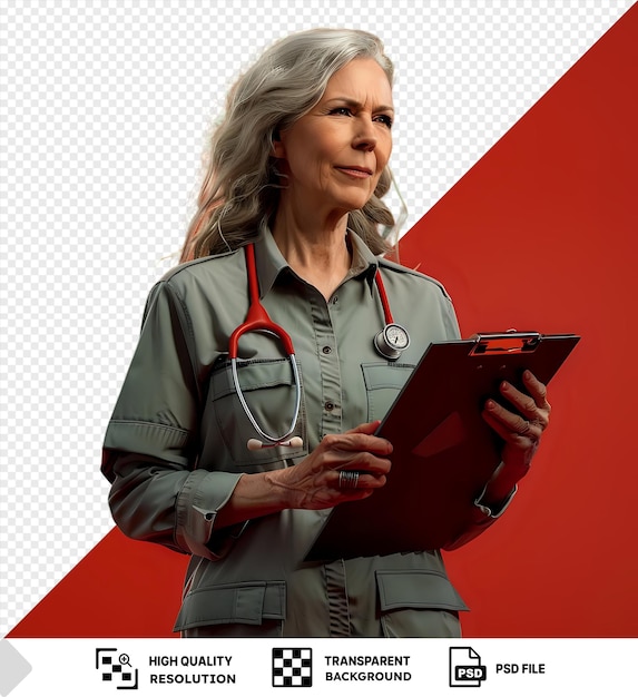 PSD pleased middleaged female doctor wearing uniform and stethoscope around her neck looking camera showing clipboard in front of red wall