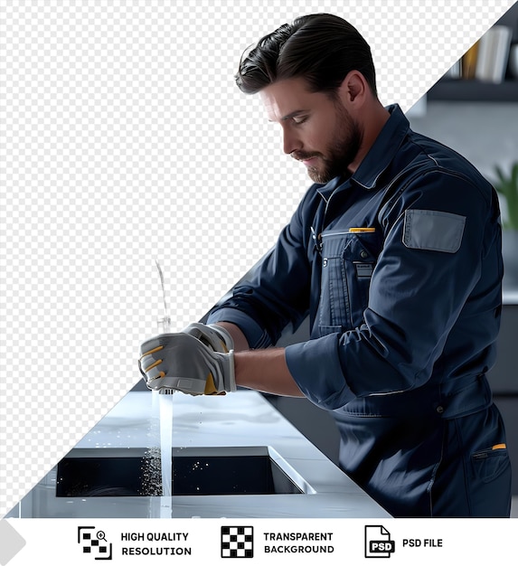 PSD plumber washing hands in kitchen sink with chrome faucet against an isolated background