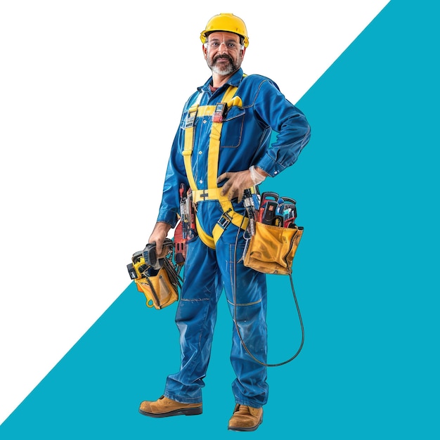 Plumber with a tool belt over his waist on a blue background