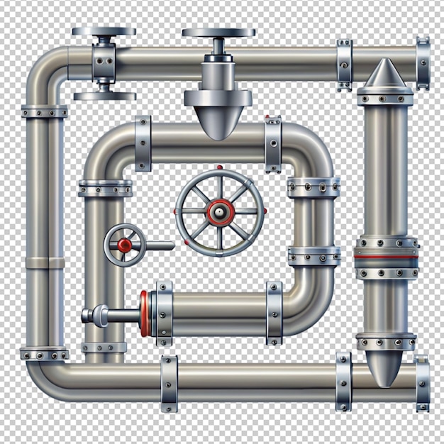 plumbing pipes set grey metal tubes with valves on transparent background