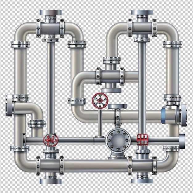 PSD plumbing pipes set grey metal tubes with valves on transparent background