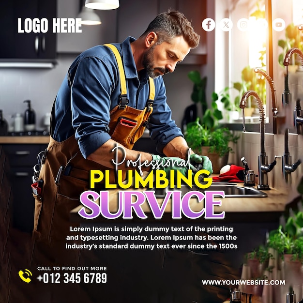 Plumbing service social media banner and poster design template