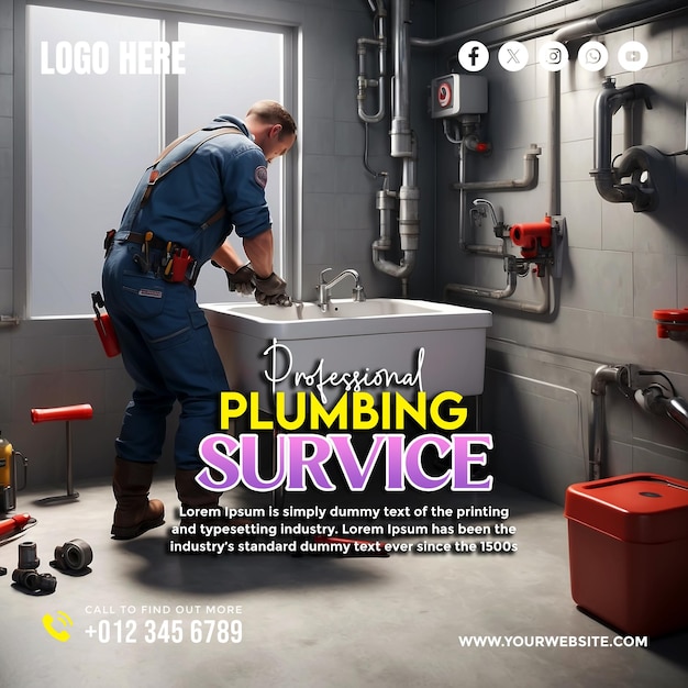 PSD plumbing service social media banner and poster design template