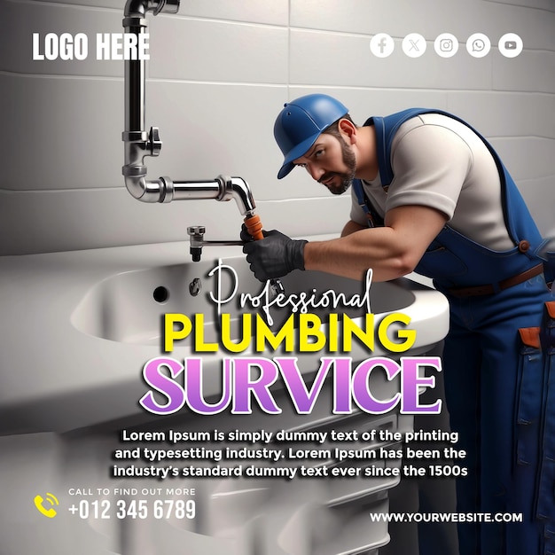 PSD plumbing service social media banner and poster design template