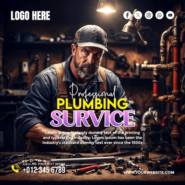 Plumbing service social media banner and poster design template