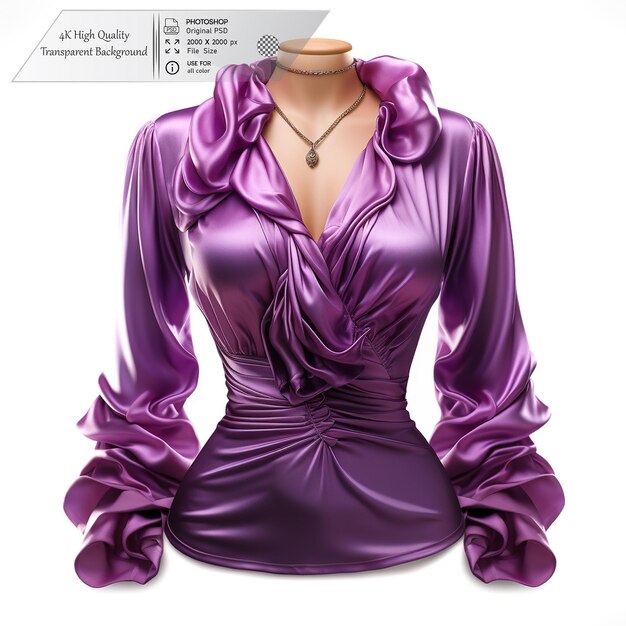 PSD a plumcolored silk blouse with a tie neck and buttoned cuffs on a transparent background