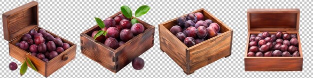 Plums in Open Wooden Boxes Isolated on Transparent Background