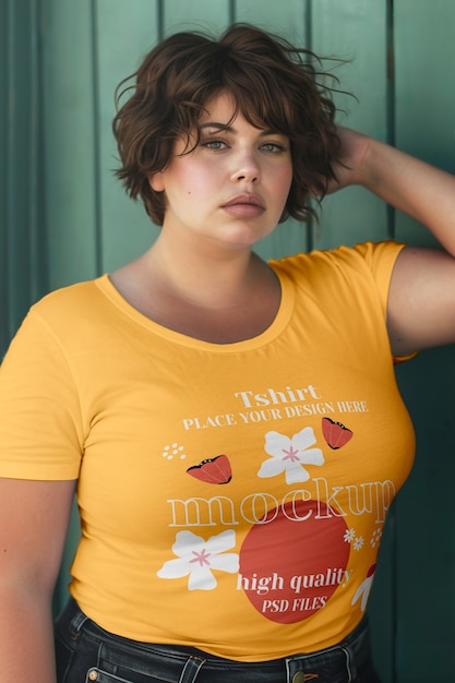 PSD plus-size woman wearing t-shirt mockup