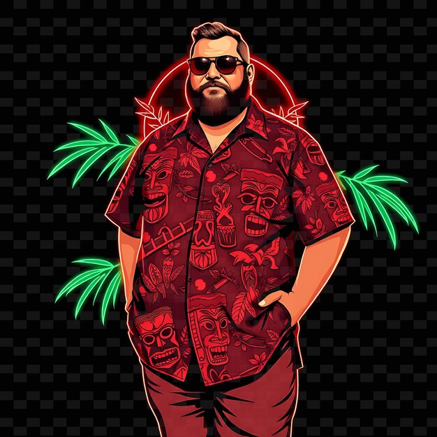 PSD plussize man in hawaiian shirt neon tiki art design with earthy red and brown theme decorated with