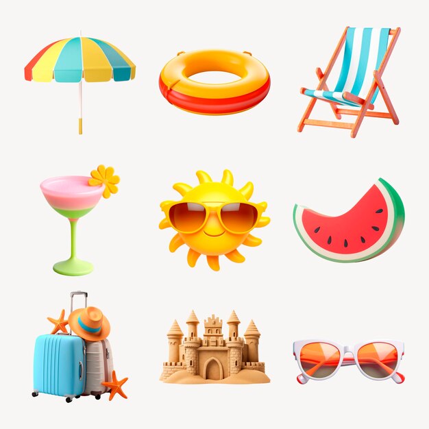 PSD png 3d summer essential set transparent background