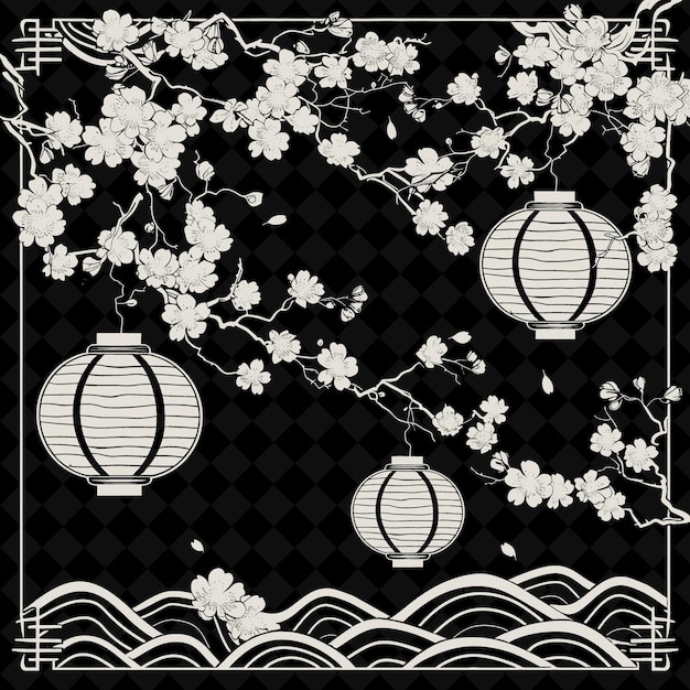 Png Asian Folk Art With Cherry Blossoms and Paper Lanterns for D Outline Traditional Frame Art