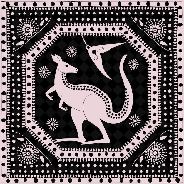 PSD png australian folk art with kangaroos and aboriginal dot painti outline traditional frame art