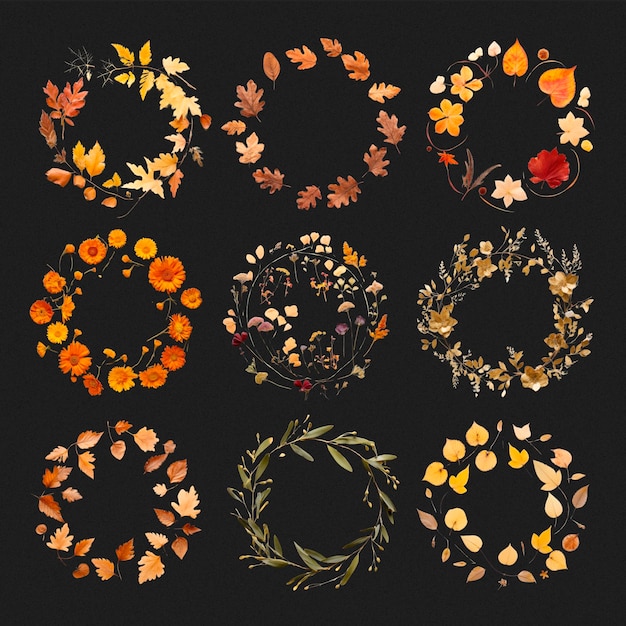 PSD png autumn leaf wreath set transparent background