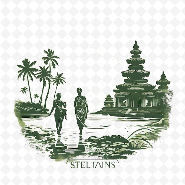 PSD png bali city with monochrome emerald green color tanah lot temp handdrawn watercolor landscapes