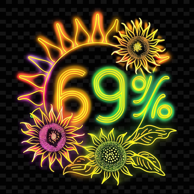 PSD png beaming neon iridescence of 69 text with a neon sunshine yel unique decoration idea